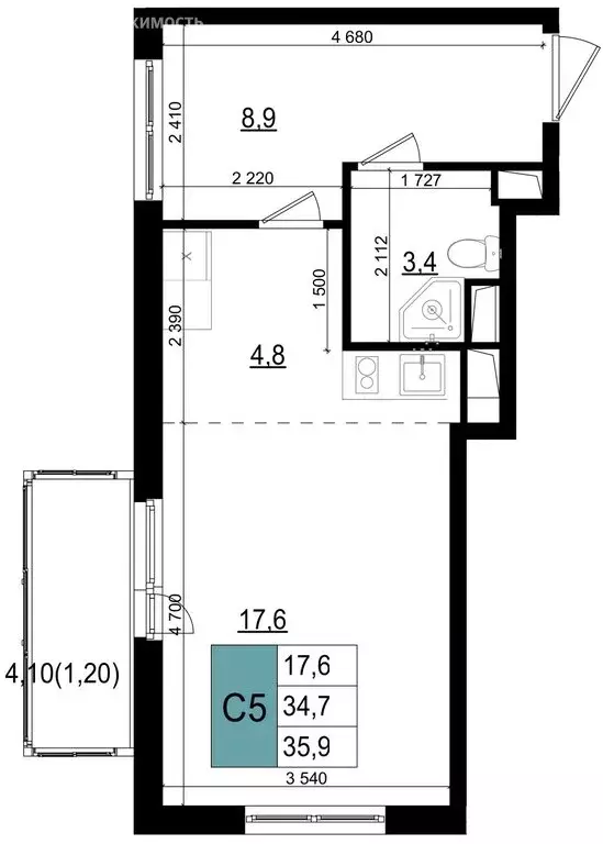 Квартира-студия: Одинцово, улица Бзри, к23 (35.9 м) - Фото 0