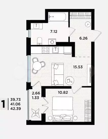 1-к. квартира, 42,4 м, 2/5 эт. - Фото 1