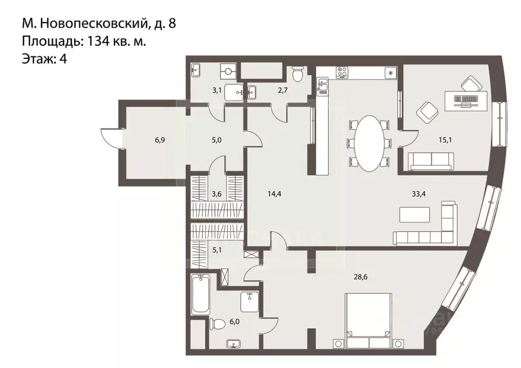 3-к кв. Москва Малый Новопесковский пер., 8 (134.0 м) - Фото 2