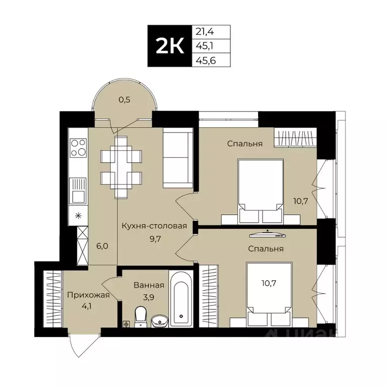 2-к кв. Башкортостан, Уфа ул. Ленина, 192 (45.6 м) - Фото 1