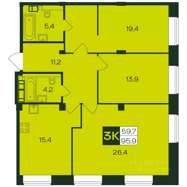 3-к кв. Чувашия, Чебоксары просп. Чебоксарский (95.9 м) - Фото 1