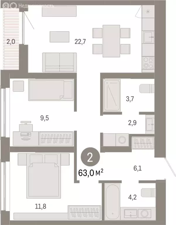 2-комнатная квартира: Новосибирск, Большевистская улица, с49 (62.96 м) - Фото 0