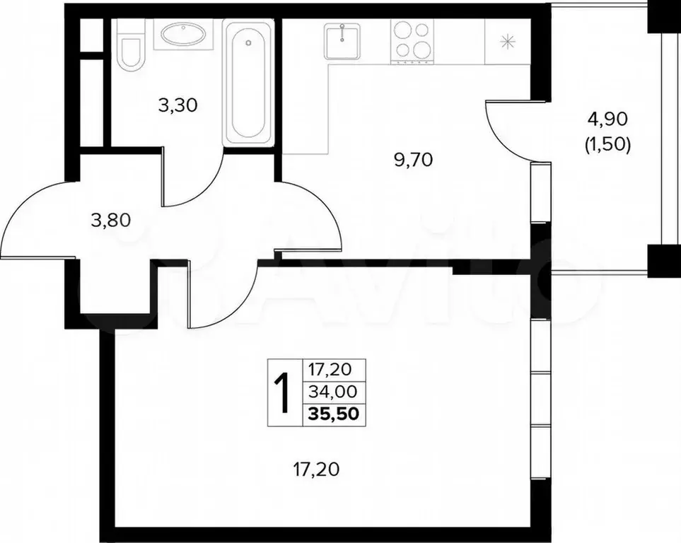 1-к. квартира, 35,5 м, 7/7 эт. - Фото 1