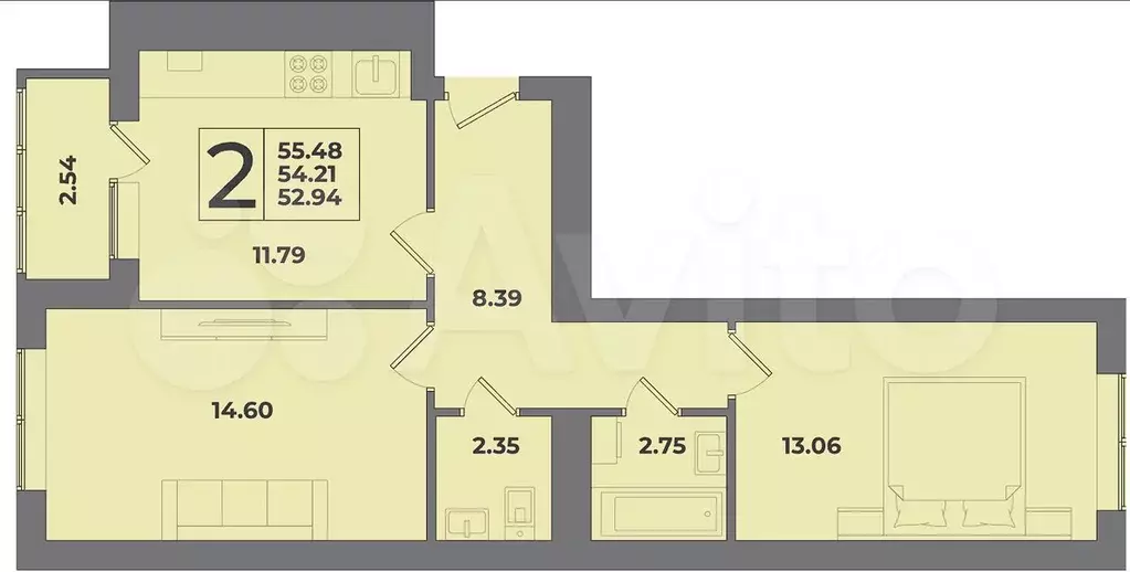 2-к. квартира, 55,5 м, 8/9 эт. - Фото 1