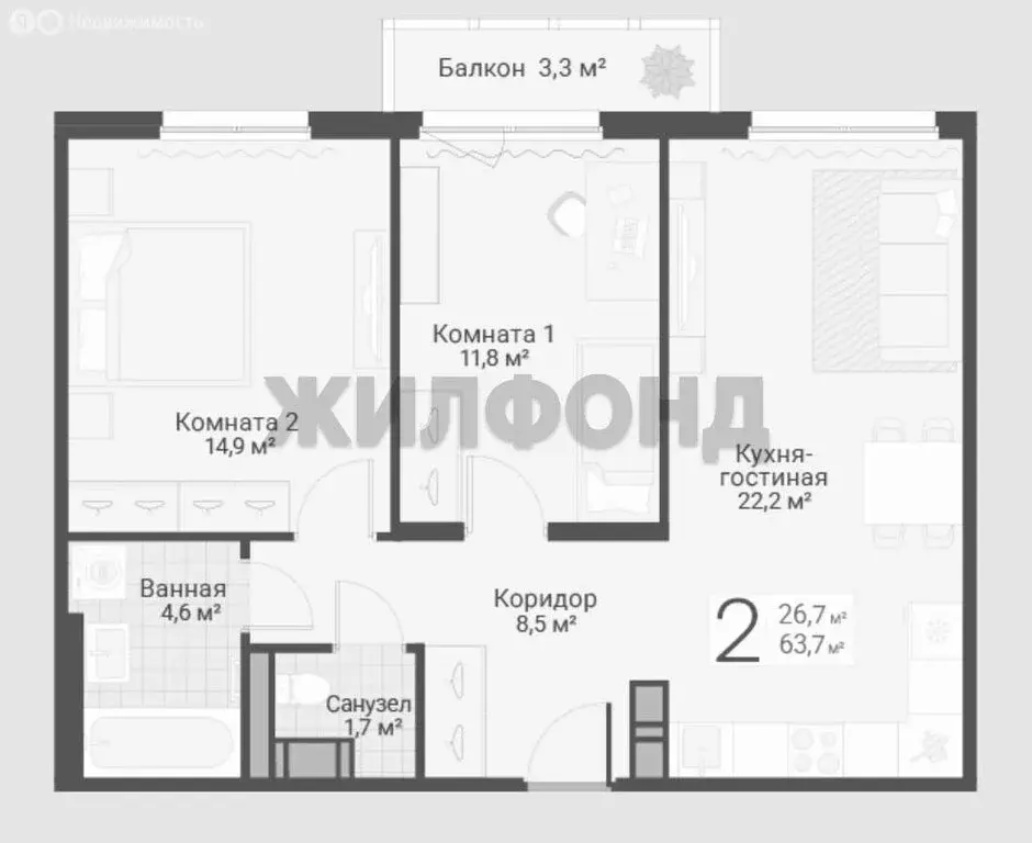 2-комнатная квартира: Санкт-Петербург, улица Руднева, 15 (63.7 м) - Фото 2