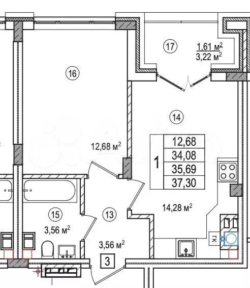 1-к. квартира, 36 м, 1/7 эт. - Фото 1