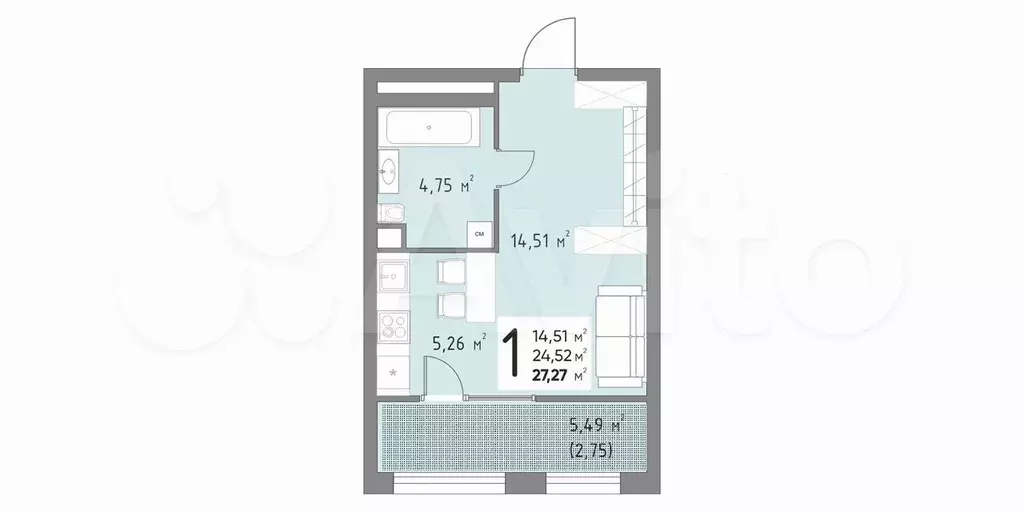 Квартира-студия, 27,3 м, 3/15 эт. - Фото 0