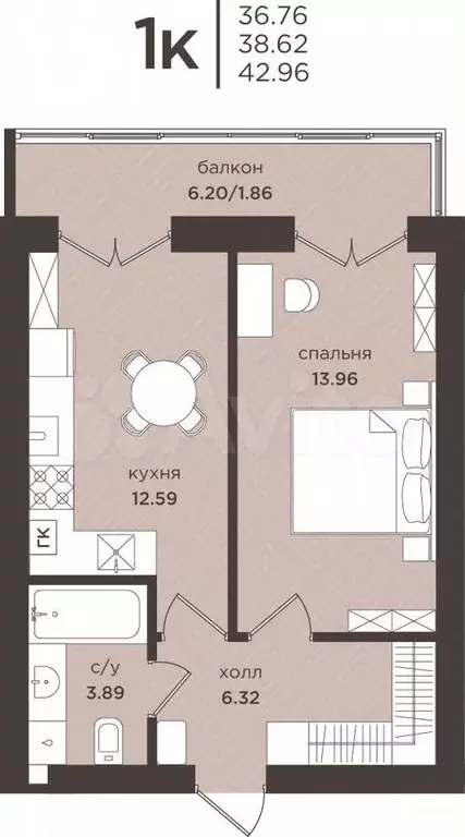1-к. квартира, 38,6 м, 7/7 эт. - Фото 1
