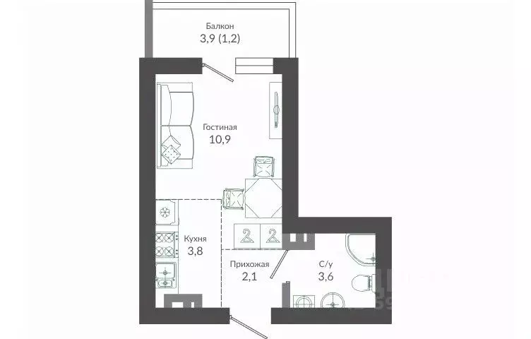 Студия Краснодарский край, Сочи ул. Искры, 66/9к7 (21.6 м) - Фото 0