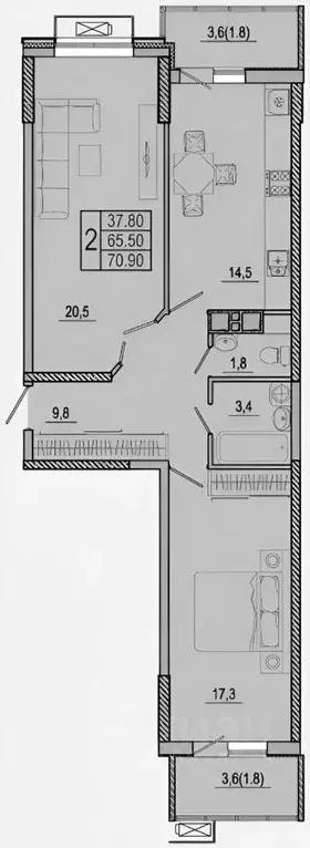 2-к кв. Ростовская область, Ростов-на-Дону ул. Шеболдаева, 95с2 (71.0 ... - Фото 2