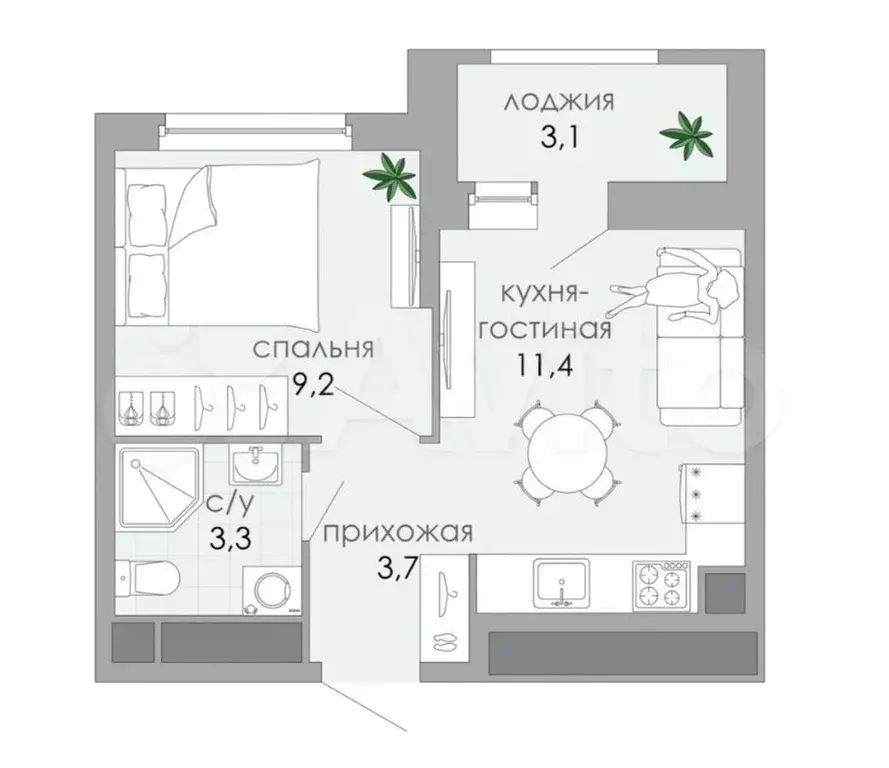 1-к. квартира, 30,7 м, 3/12 эт. - Фото 0