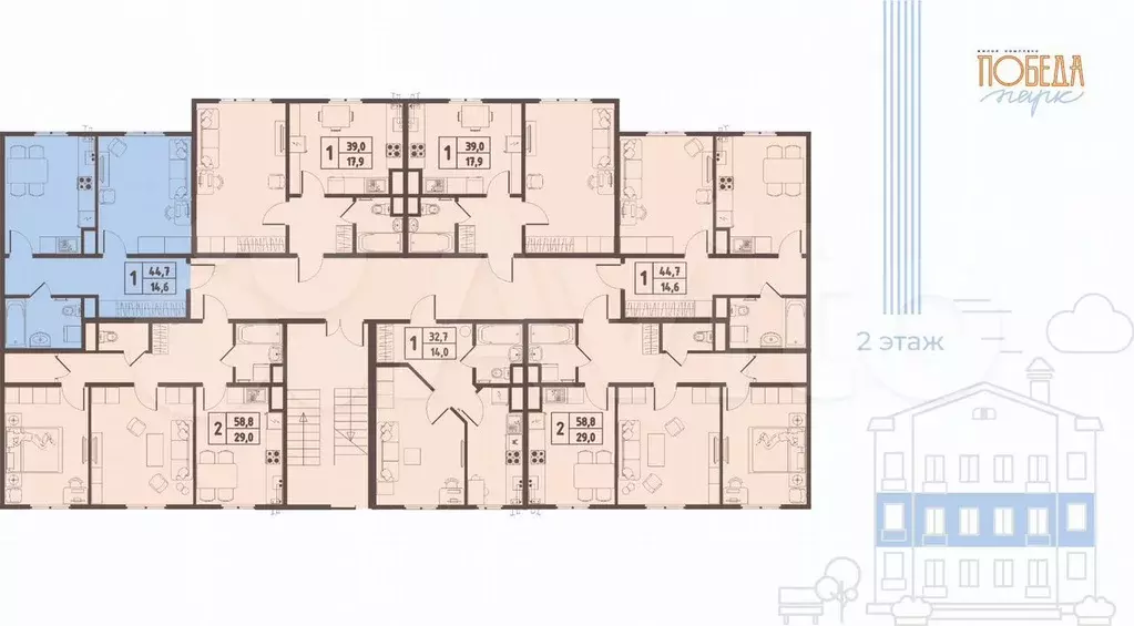 1-к. квартира, 44,5 м, 2/3 эт. - Фото 1