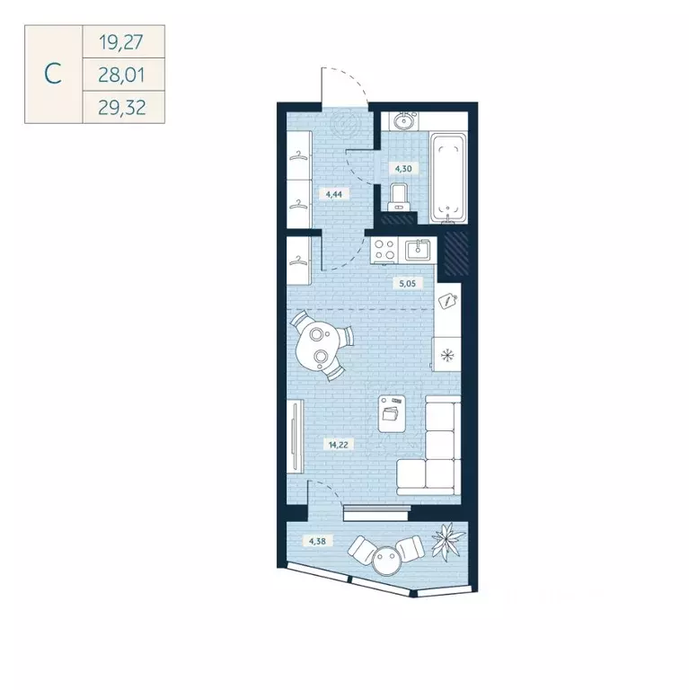 Студия Санкт-Петербург ул. Седова, 89К3 (28.01 м) - Фото 0