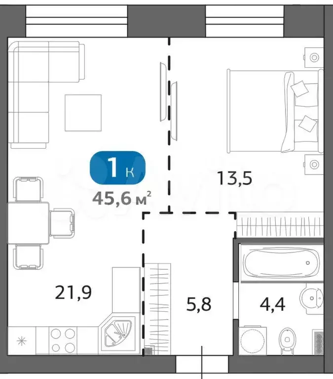 1-к. квартира, 45,6 м, 5/6 эт. - Фото 0
