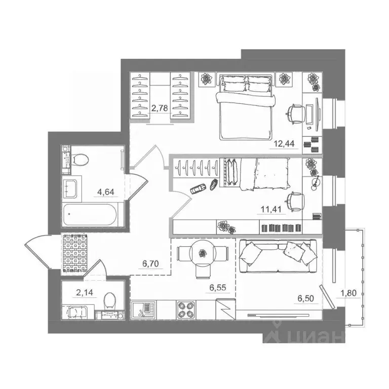 2-к кв. Новосибирская область, Кольцово рп, Спектр мкр 10 (53.47 м) - Фото 2