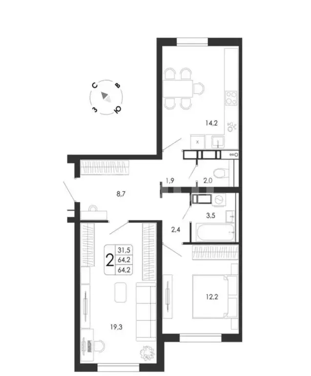 2-комнатная квартира: Ямное, улица Генерала Черткова, 1 (64.2 м) - Фото 1
