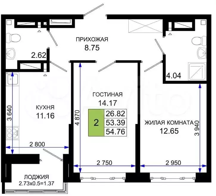 2-к. квартира, 54,7м, 16/25эт. - Фото 1