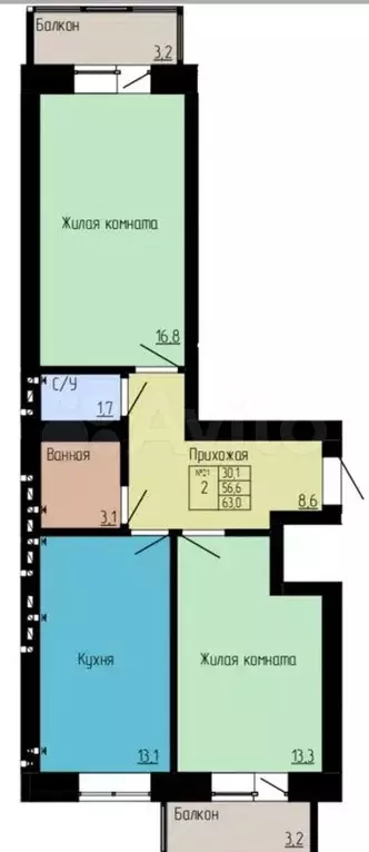 2-к. квартира, 63 м, 2/4 эт. - Фото 1