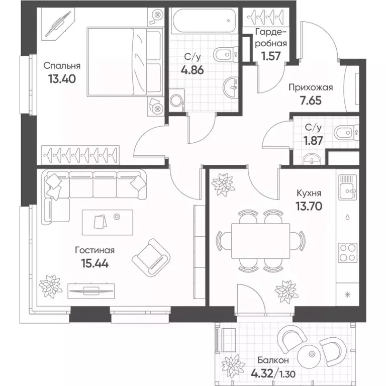 2-к кв. Татарстан, Казань Счастье в Казани жилой комплекс (59.79 м) - Фото 1