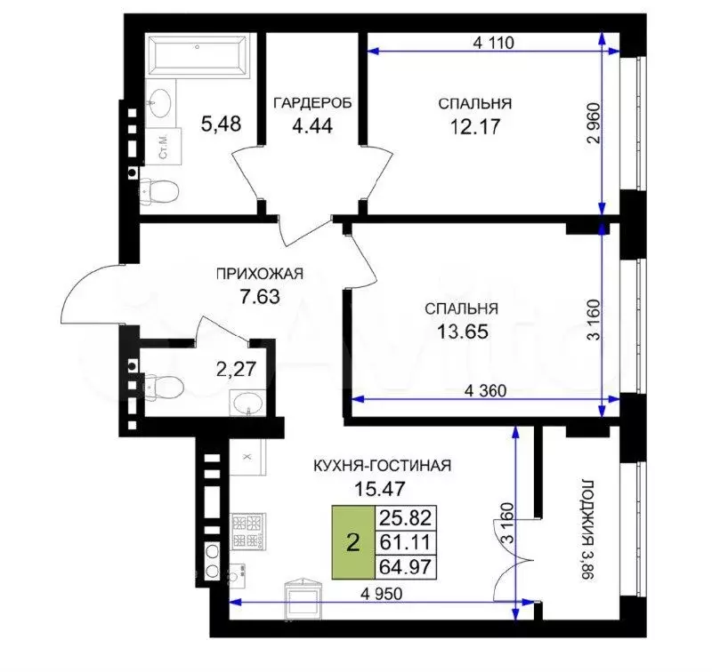 2-к. квартира, 65м, 5/7эт. - Фото 1