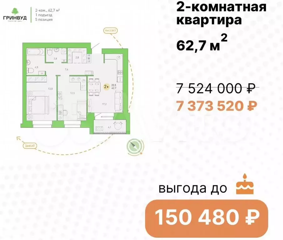 2-к. квартира, 62,7 м, 2/9 эт. - Фото 0