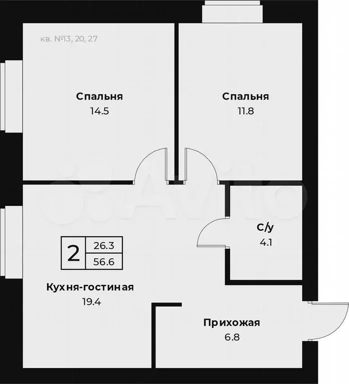 2-к. квартира, 60 м, 3/4 эт. - Фото 1