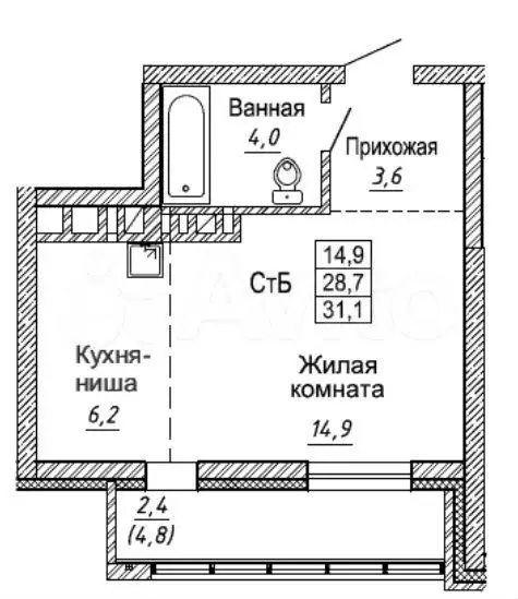 Квартира-студия, 31,1 м, 3/30 эт. - Фото 0