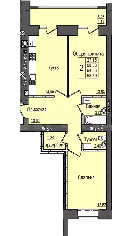 2-к. квартира, 65 м, 5/6 эт. - Фото 1