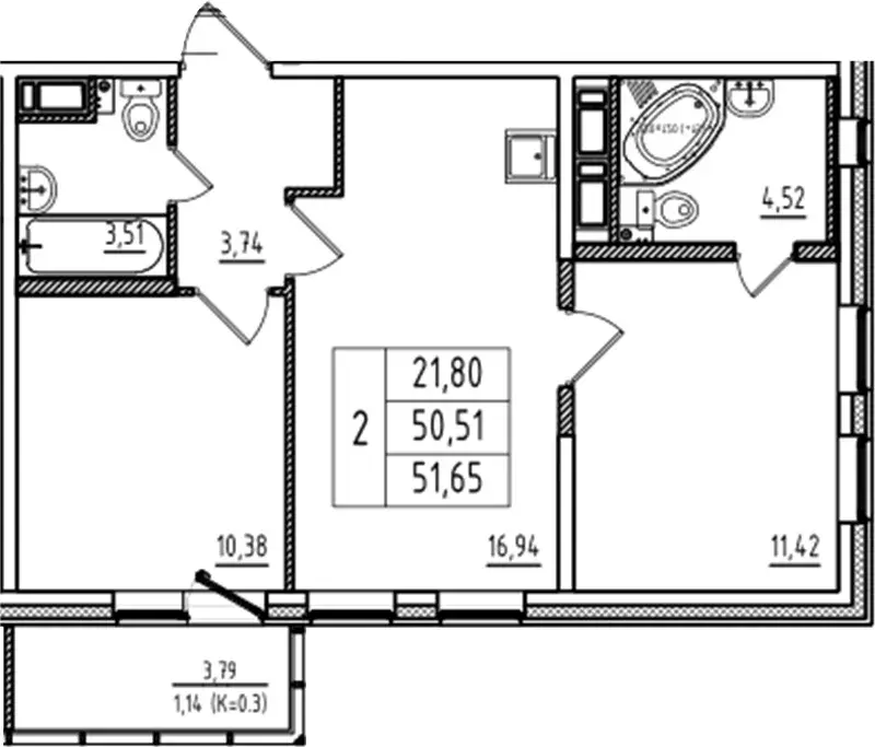 Продаётся 2-к квартира, 51.65 м - Фото 1
