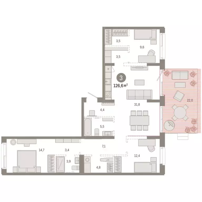 3-комнатная квартира: Тюмень, жилой комплекс На Минской (126.64 м) - Фото 1