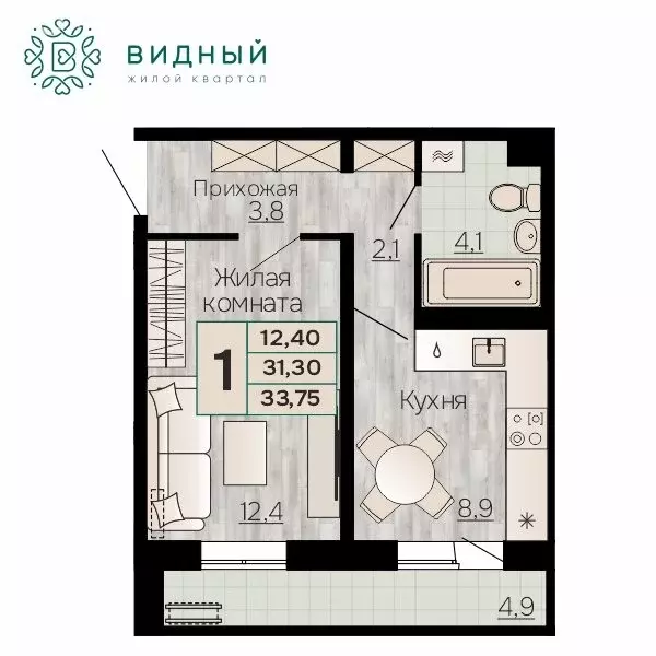 1-комнатная квартира: Пермь, микрорайон КамГЭС (33.75 м) - Фото 0