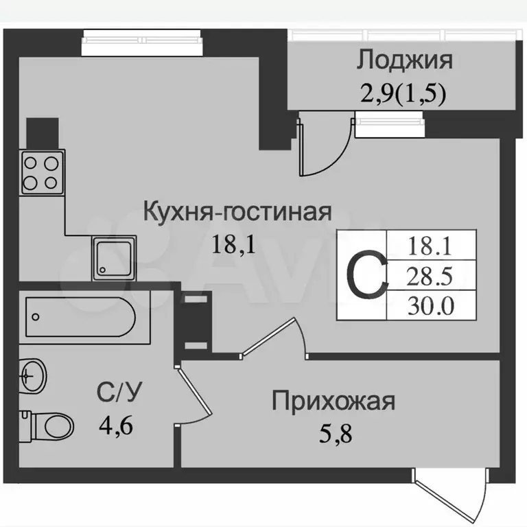 Квартира-студия, 31,5 м, 4/15 эт. - Фото 0