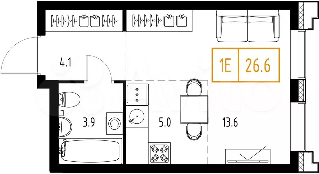 Квартира-студия, 26,6 м, 9/9 эт. - Фото 1