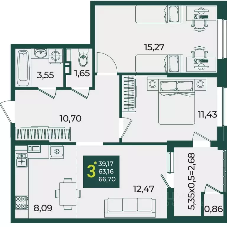 3-к кв. Краснодарский край, Краснодар Образцово мкр,  (66.7 м) - Фото 1