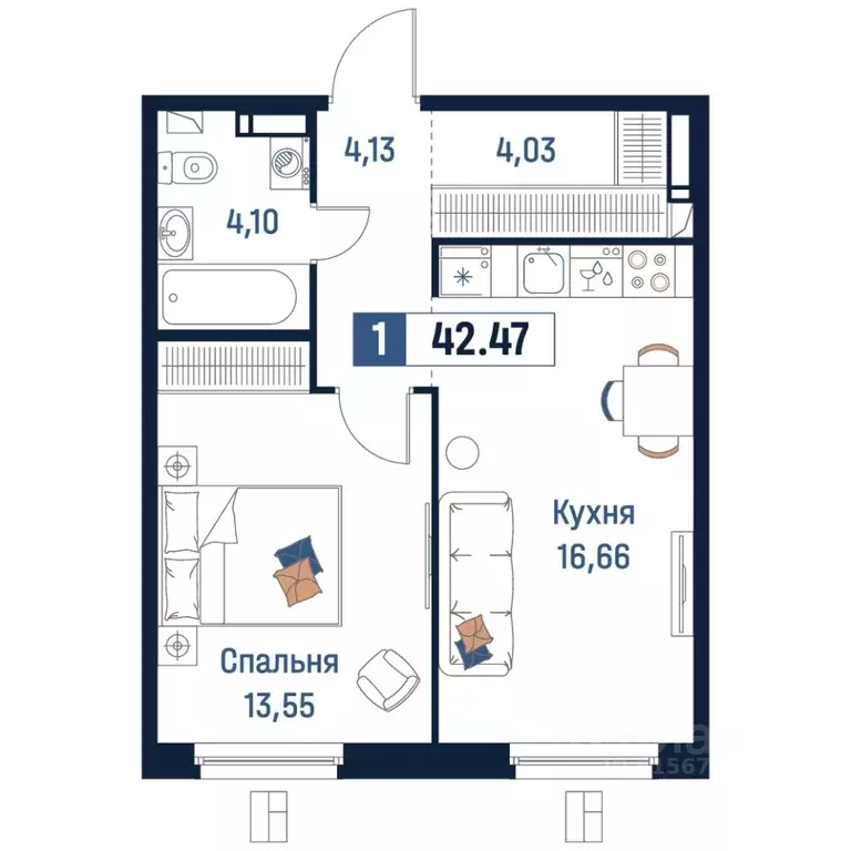 1-к кв. Ленинградская область, Мурино Всеволожский район,  (42.47 м) - Фото 0
