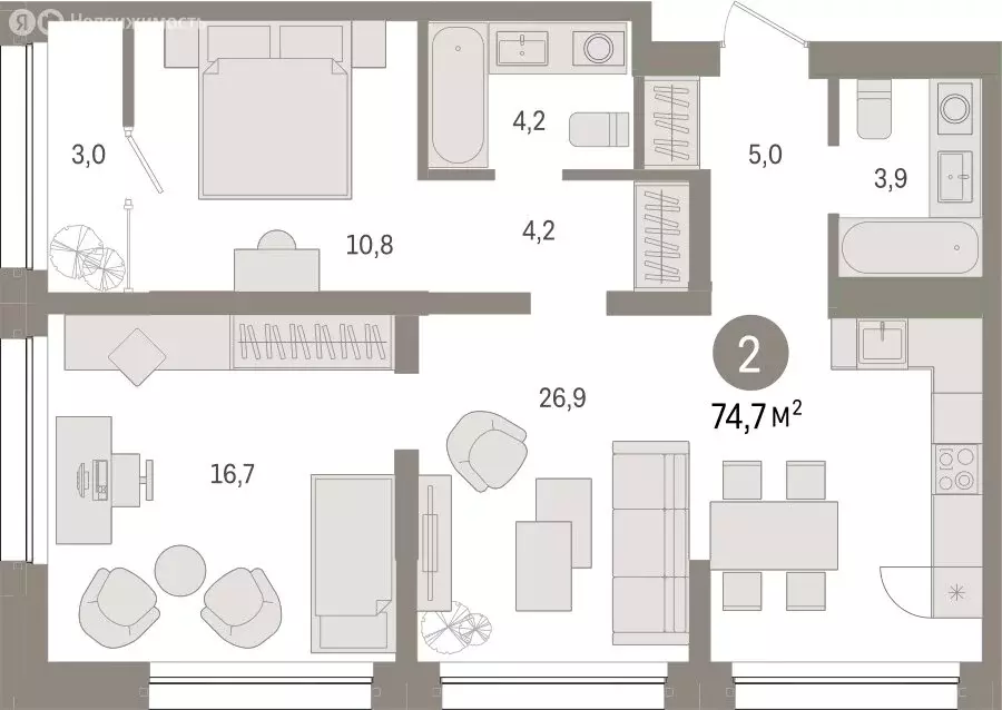 3-комнатная квартира: Тюмень, Мысовская улица, 26к1 (74.7 м) - Фото 0