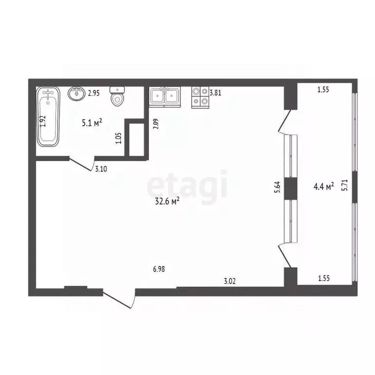 Студия Калининградская область, Светлогорск ул. Горького, 14 (42.1 м) - Фото 2
