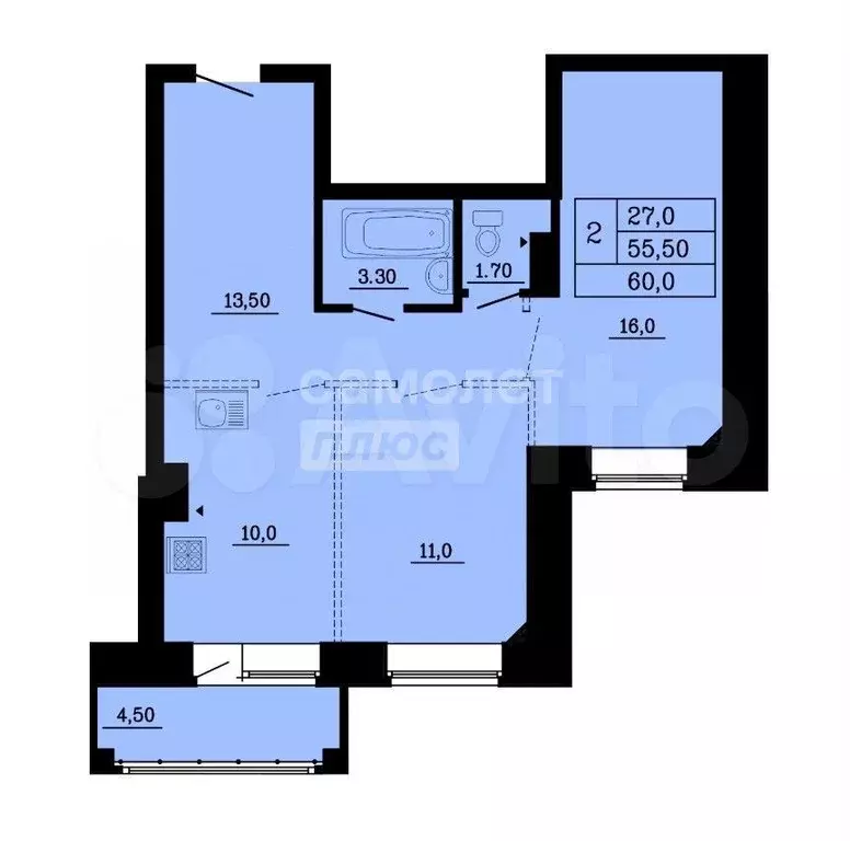 2-к. квартира, 60 м, 8/9 эт. - Фото 0