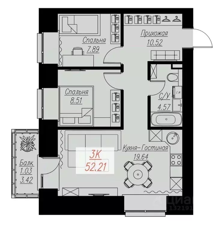 2-к кв. Красноярский край, Красноярск Семафорная ул., 441а (52.21 м) - Фото 0