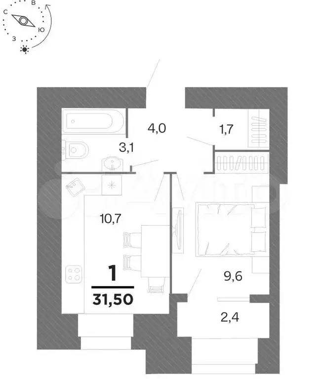 1-к. квартира, 31,5 м, 3/16 эт. - Фото 0