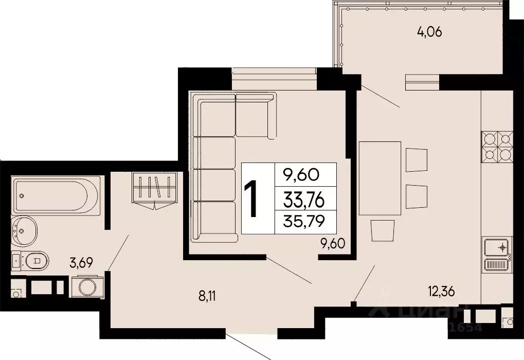 1-к кв. Адыгея, Майкоп 9 Мая ул. (35.79 м) - Фото 1