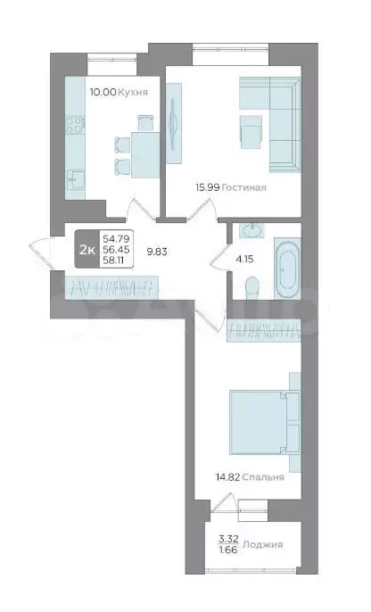 2-к. квартира, 56,5 м, 1/9 эт. - Фото 1
