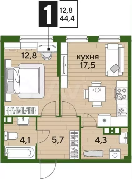 1-к. квартира, 44,4 м, 9/16 эт. - Фото 0