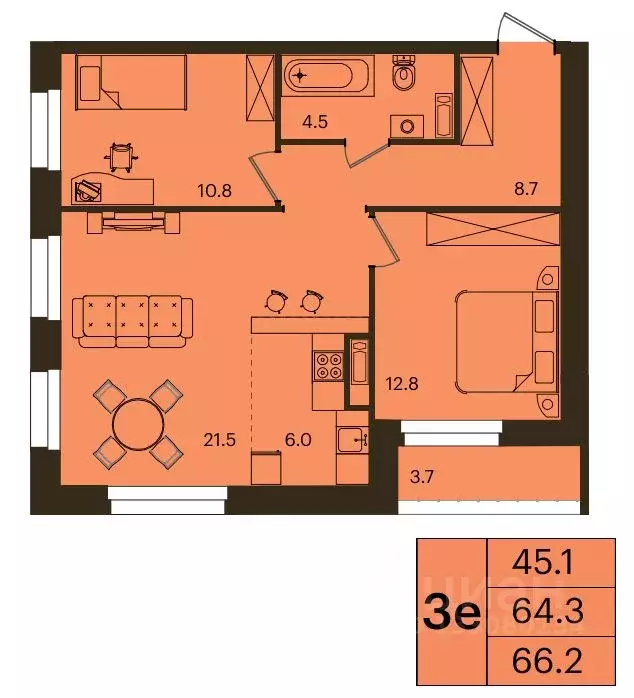 3-к кв. Красноярский край, Красноярск Мясокомбинат мкр,  (66.2 м) - Фото 1