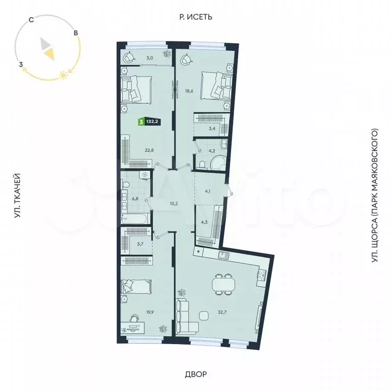 3-к. квартира, 132,2 м, 3/16 эт. - Фото 0