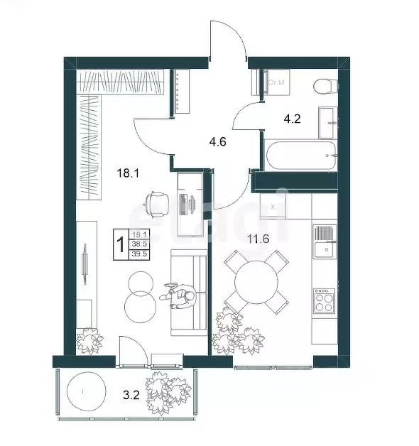 1-к кв. Липецкая область, Липецк Минская ул., 6Б (39.5 м) - Фото 2