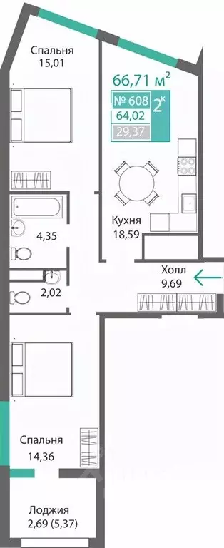 2-к кв. Крым, Симферополь Барбарис жилой комплекс (66.71 м) - Фото 0