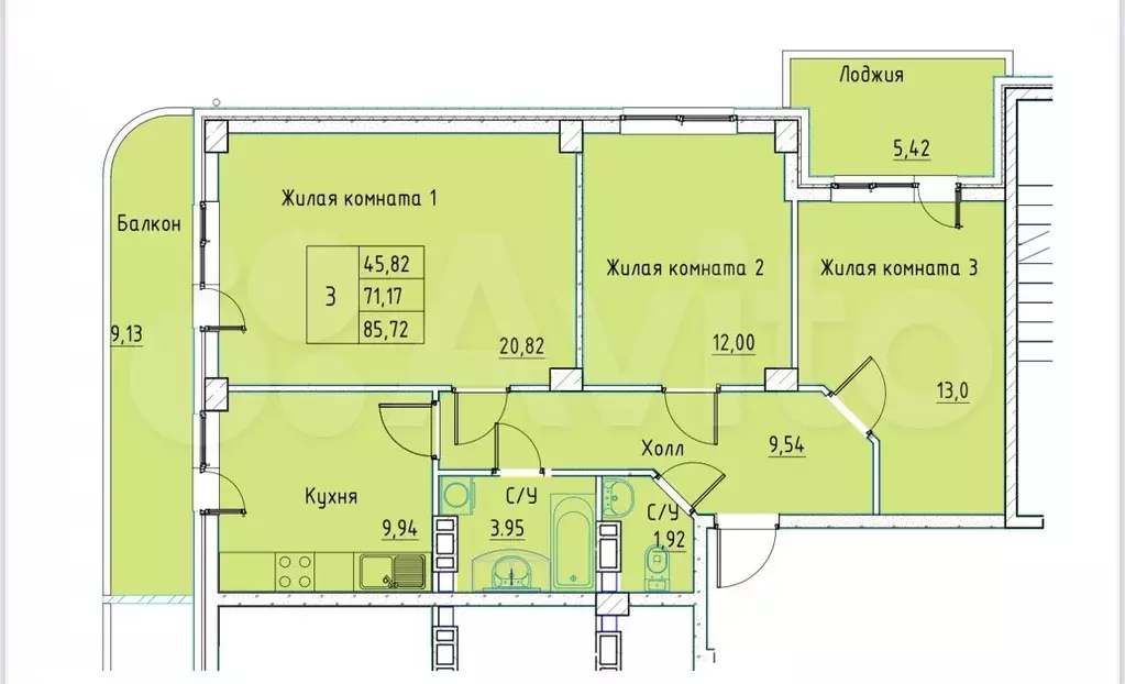 3-к. квартира, 85 м, 5/9 эт. - Фото 0