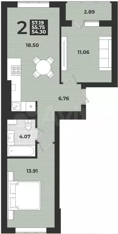 2-к. квартира, 57,2 м, 5/9 эт. - Фото 1