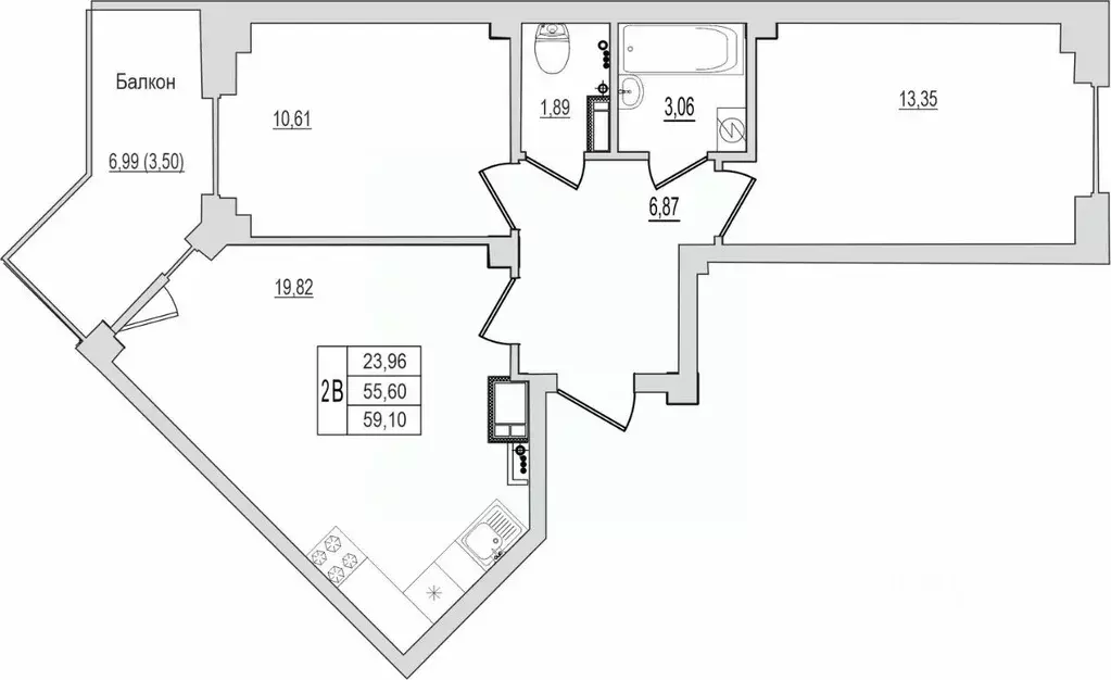 2-к кв. Псковская область, Псков Линейная ул., 87 (59.1 м) - Фото 1